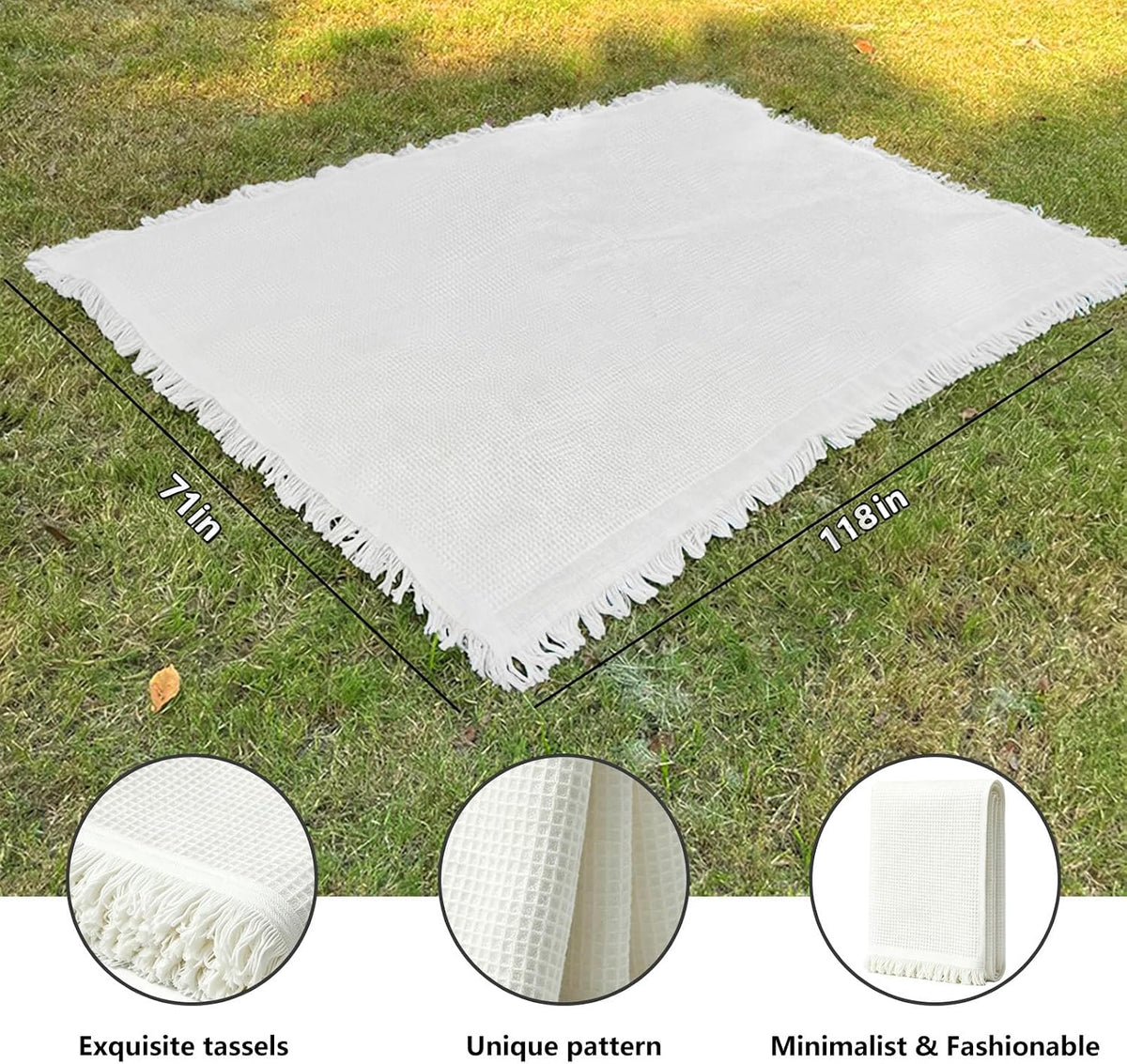 Extra Large Waterproof White Picnic Blanket, 118 x 71 in, Waffle Weave