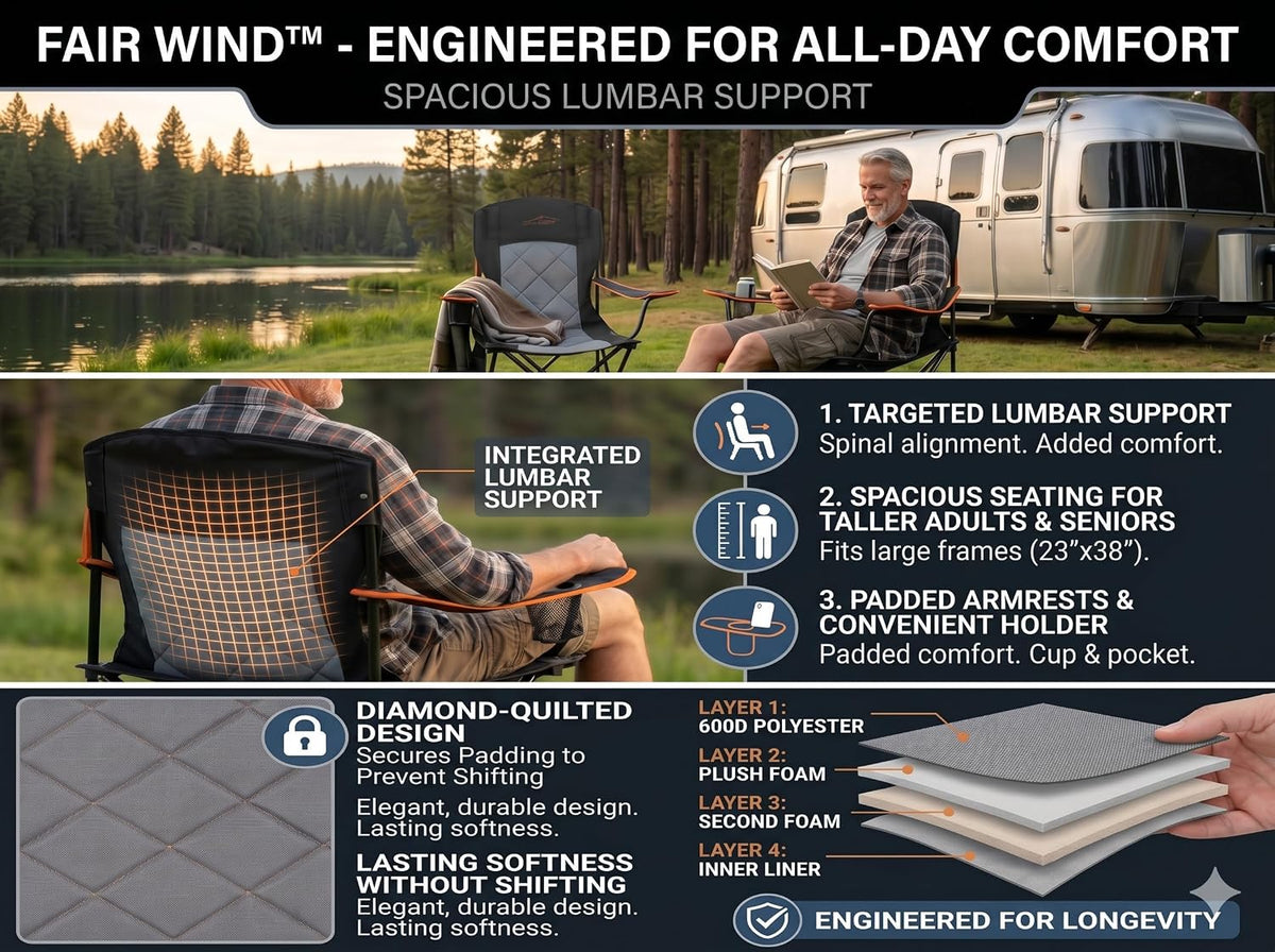 FAIR WIND Padded Oversized Camping Chair with Lumbar Support for Adults