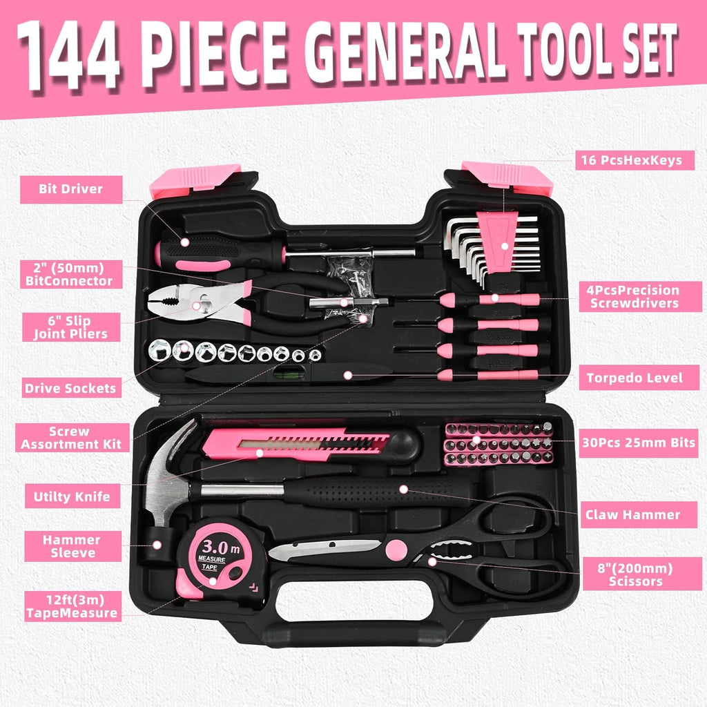144-Piece Household Tool Set, Pink Tool Kit with Plastic Toolbox