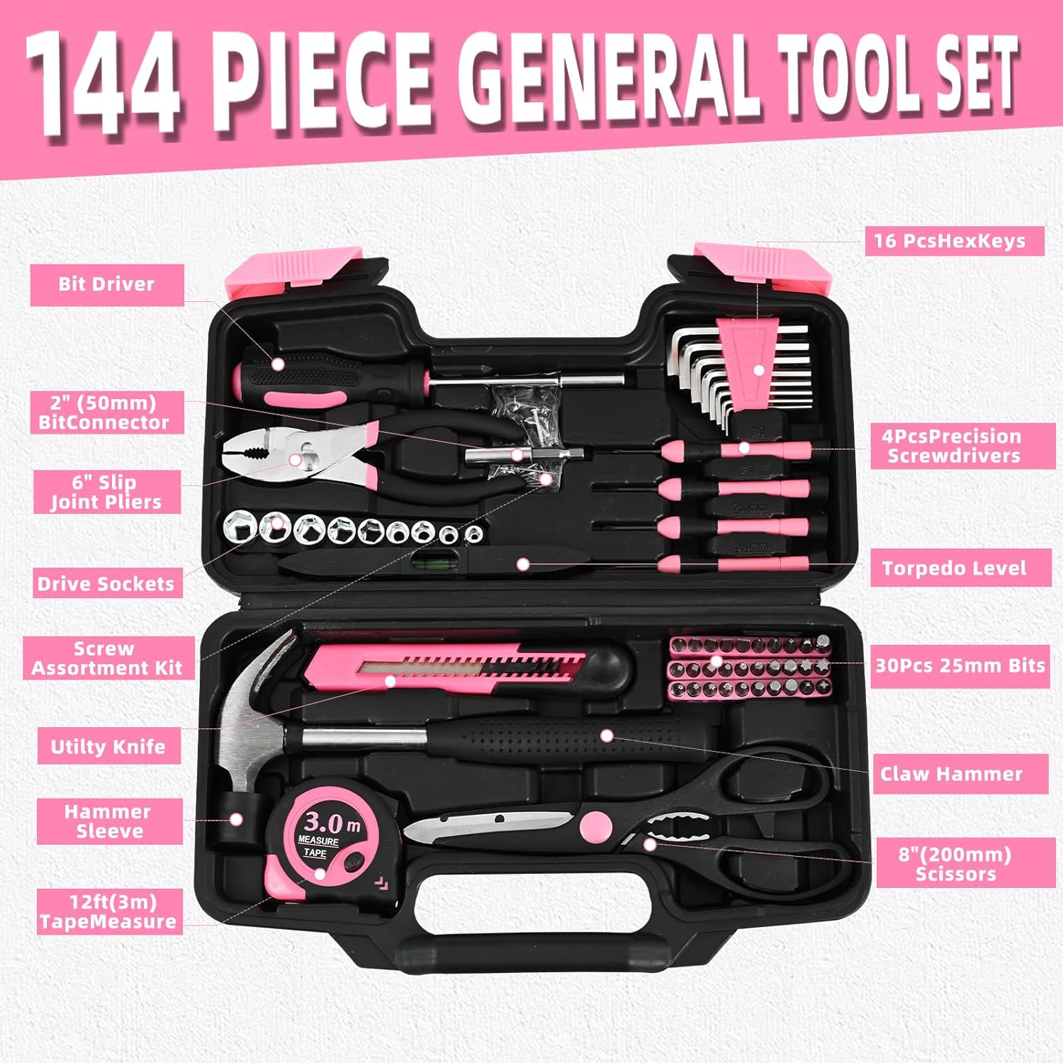 144-Piece Household Tool Set, Pink Tool Kit with Plastic Toolbox