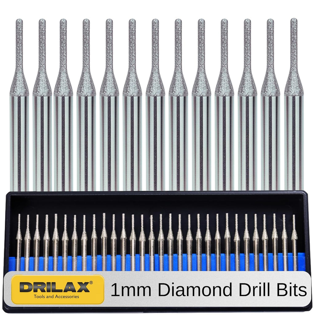 Drilax 30-Piece 1mm Diamond Drill Bits Set – 1/8 Shank Compatible with Dremel Rotary Tools – Precision Diamond Dremel Bits for Jewelry Making, Stone, Glass, Ceramic, Sea Glass, & Gemstones