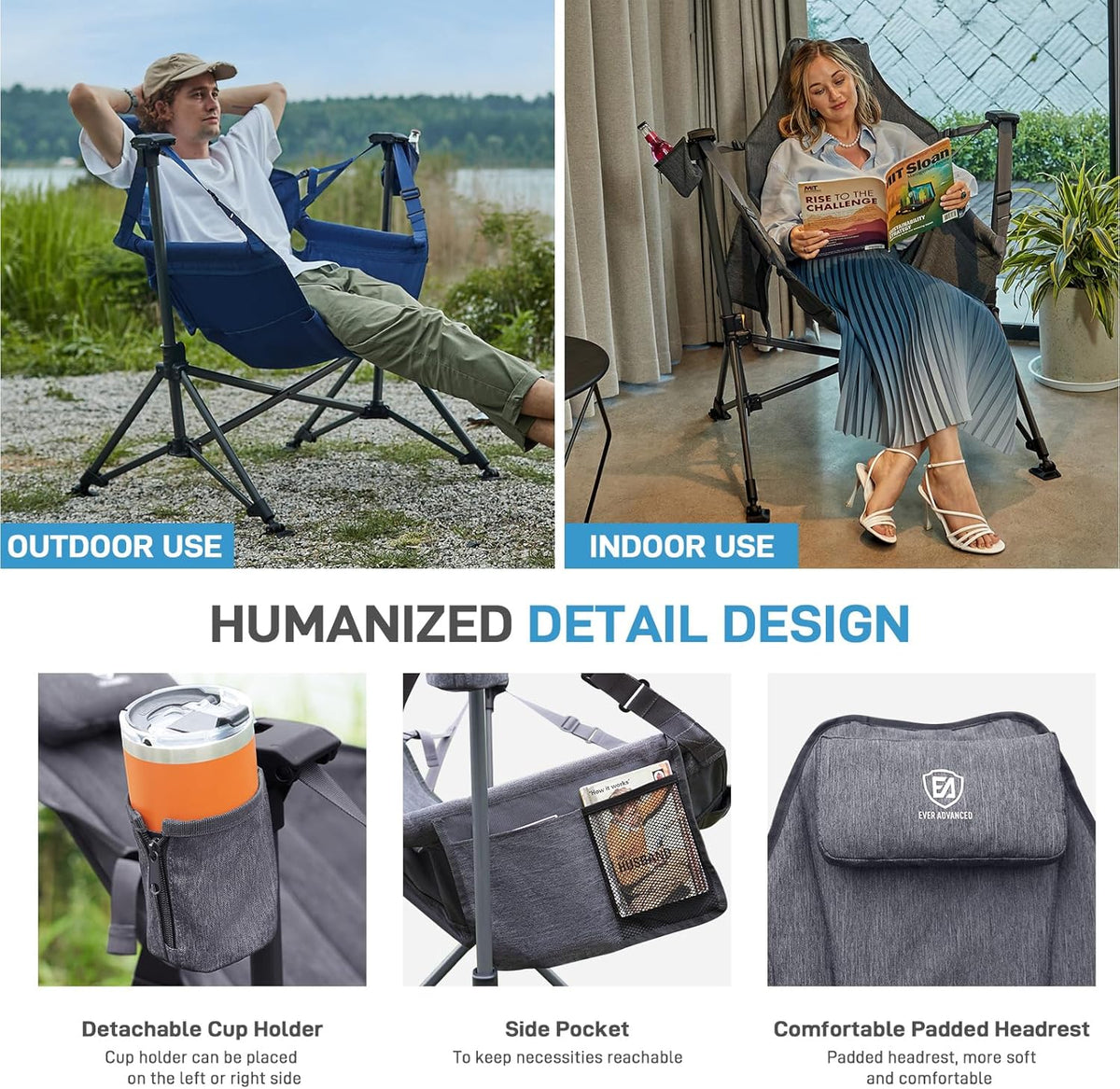 EVER ADVANCED Padded Hammock Camping Chair, Oversized Heavy Duty Swing Chair with Detachable Cup Holder, Portable Folding Rocking Camping Chair, Support Up to 400lbs, Grey