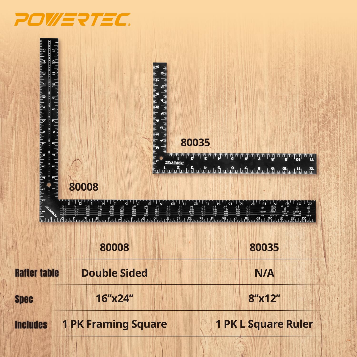 POWERTEC Carpenter Square Set, 16"x24" Framing Square w/Rafter Tables (1PK) & 8"x12" Square Ruler with Imperial & Metric Graduations (1PK) for Woodworking, Construction, Arts & Crafts (80037)
