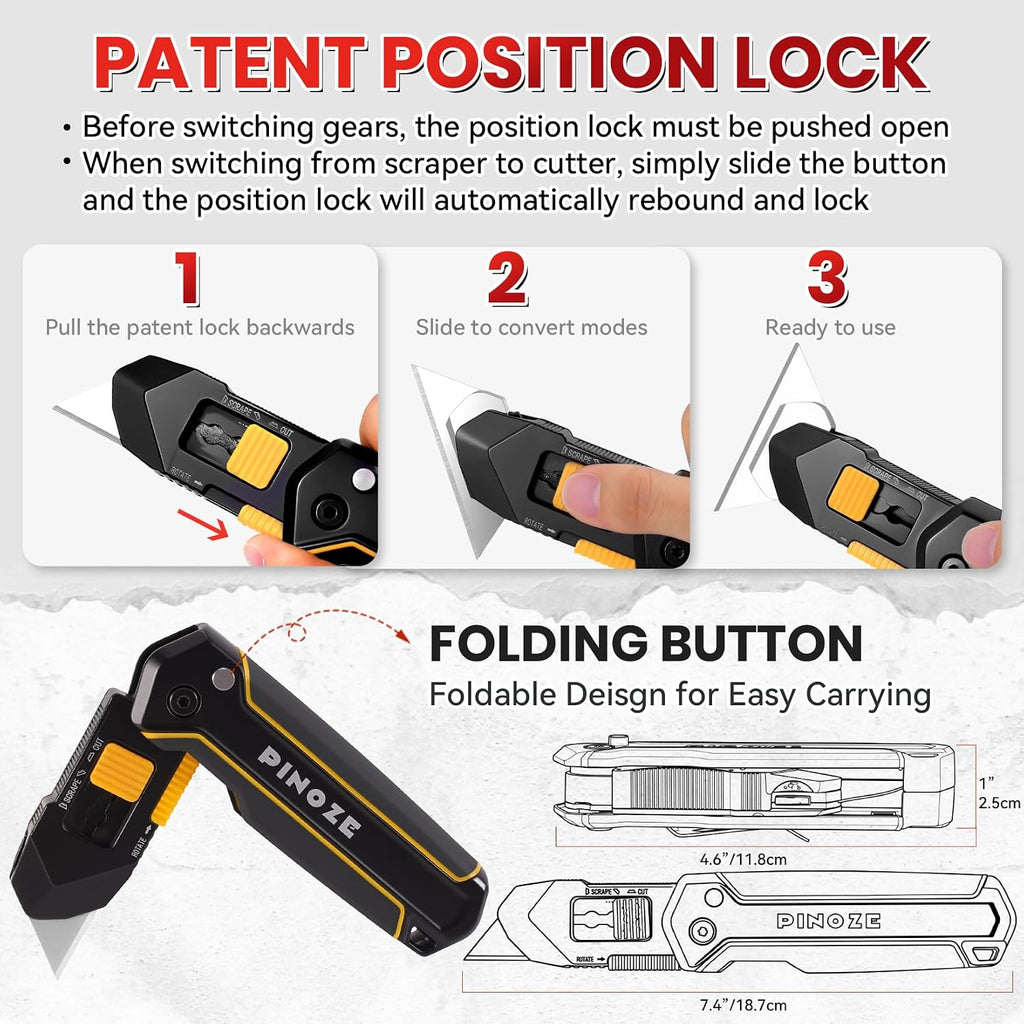 PINOZE Folding Utility Knife Scraper, 3-in-1 Box Cutter with Lanyard & Blade Storage, Retractable Heavy Duty Zinc Alloy Multi-functional Knife with 10pcs SK2 Blades, EDC Tool for Home, Office, DIY