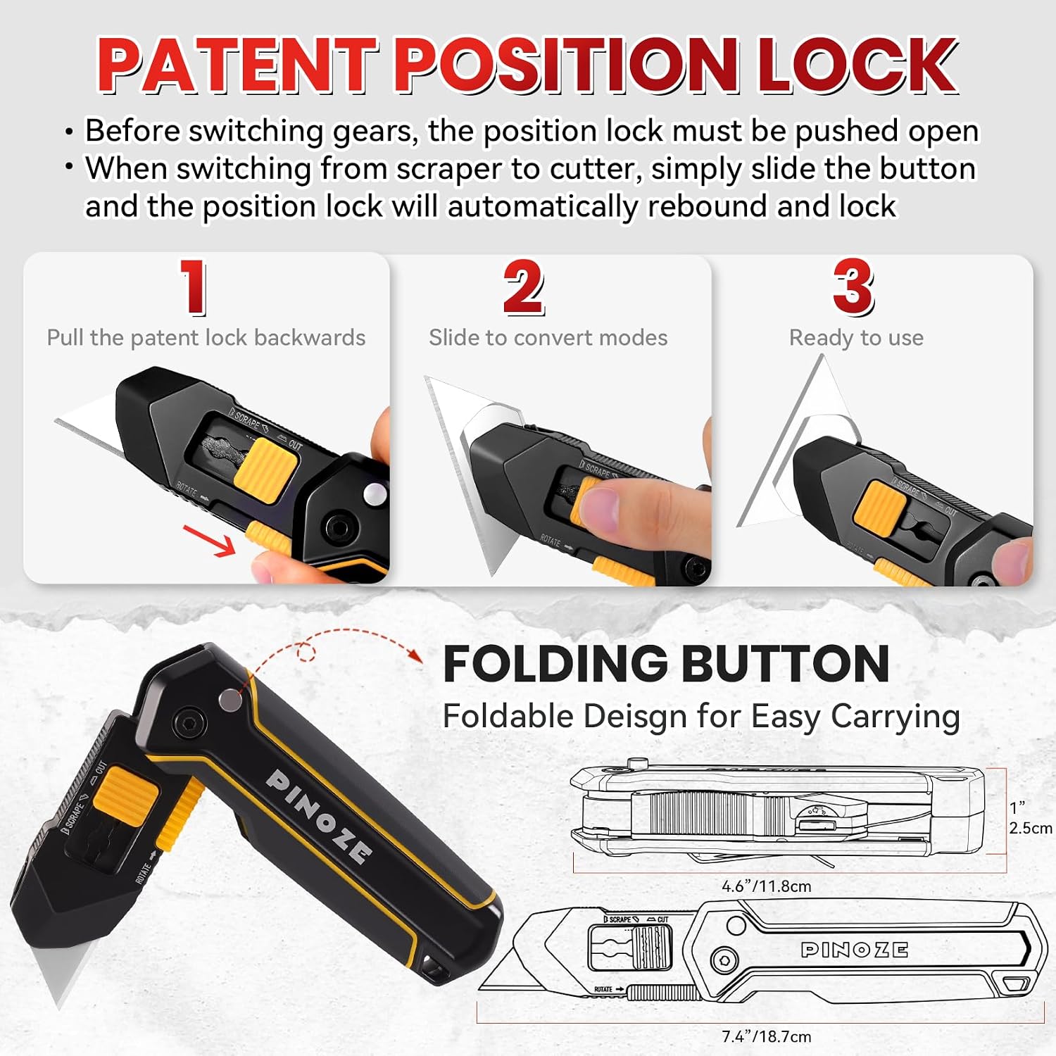 PINOZE Folding Utility Knife Scraper, 3-in-1 Box Cutter with Lanyard & Blade Storage, Retractable Heavy Duty Zinc Alloy Multi-functional Knife with 10pcs SK2 Blades, EDC Tool for Home, Office, DIY