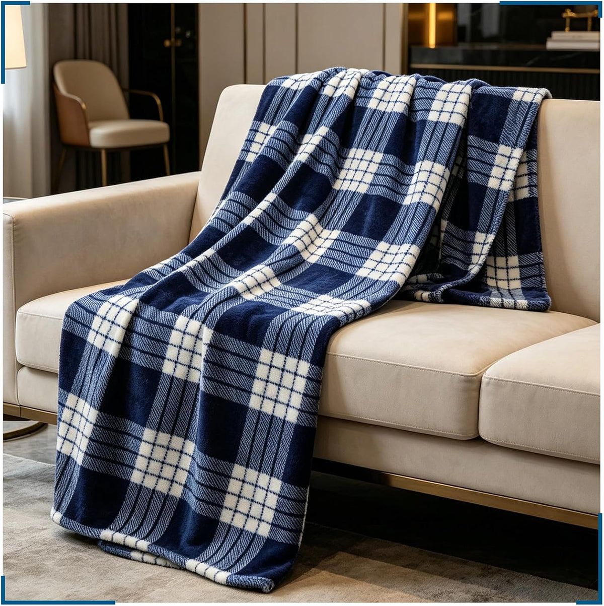 Flannel Fleece Plaid Throw Blanket with Checkerboard Grid Pattern for Bed Couch Large Soft Blanket Winter Warm Lightweight Throw(Dark Blue,50x60 Inch)