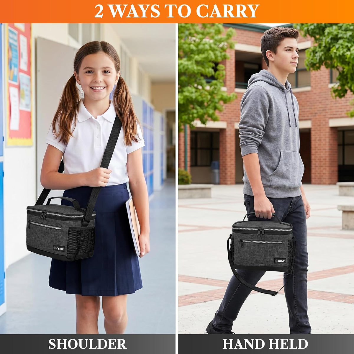 opux Insulated Lunch Bag for Men Women, Leakproof Kids Lunch Box, Charcoal