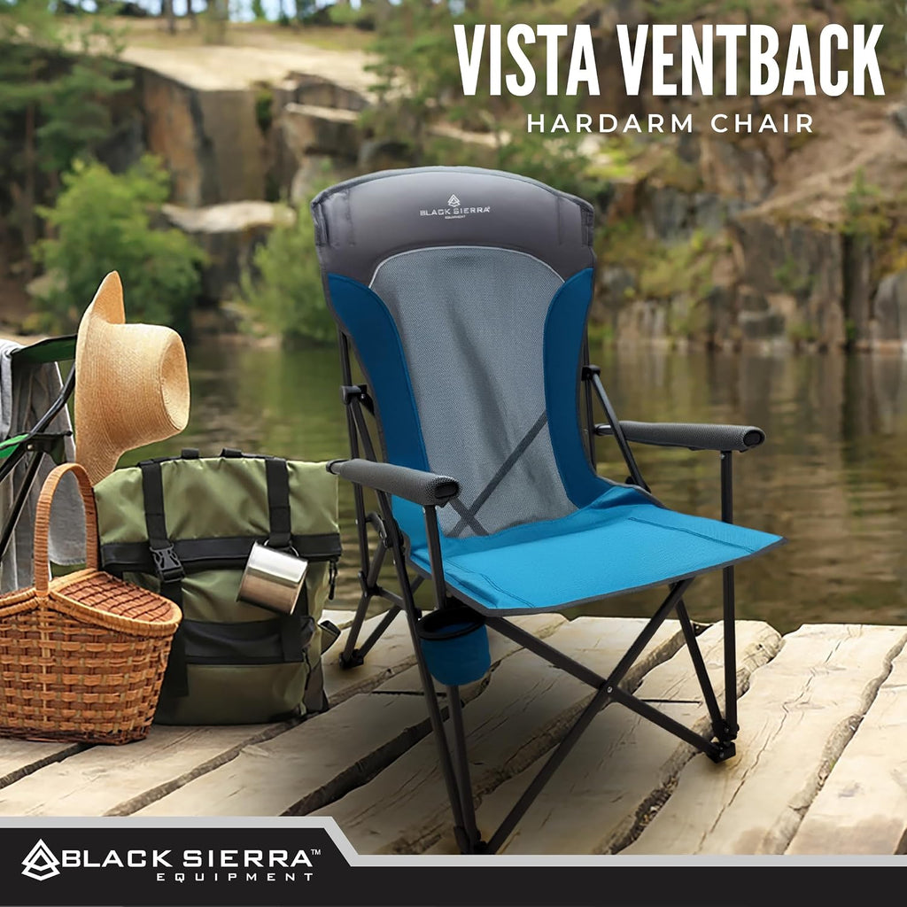 Black Sierra Ventilated Camping Chair, Breathable Mesh Back Folding Seat with Padded Armrests, Lightweight, Portable with Cup Holder & Carry Bag for Outdoors, Beach, Sports, Lawn, Picnic