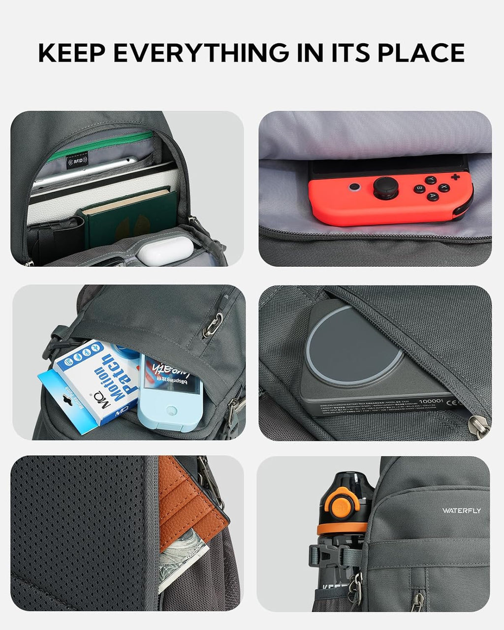 WATERFLY Small Crossbody Sling Bag: RFID Travel Hiking Daypack Man Woman