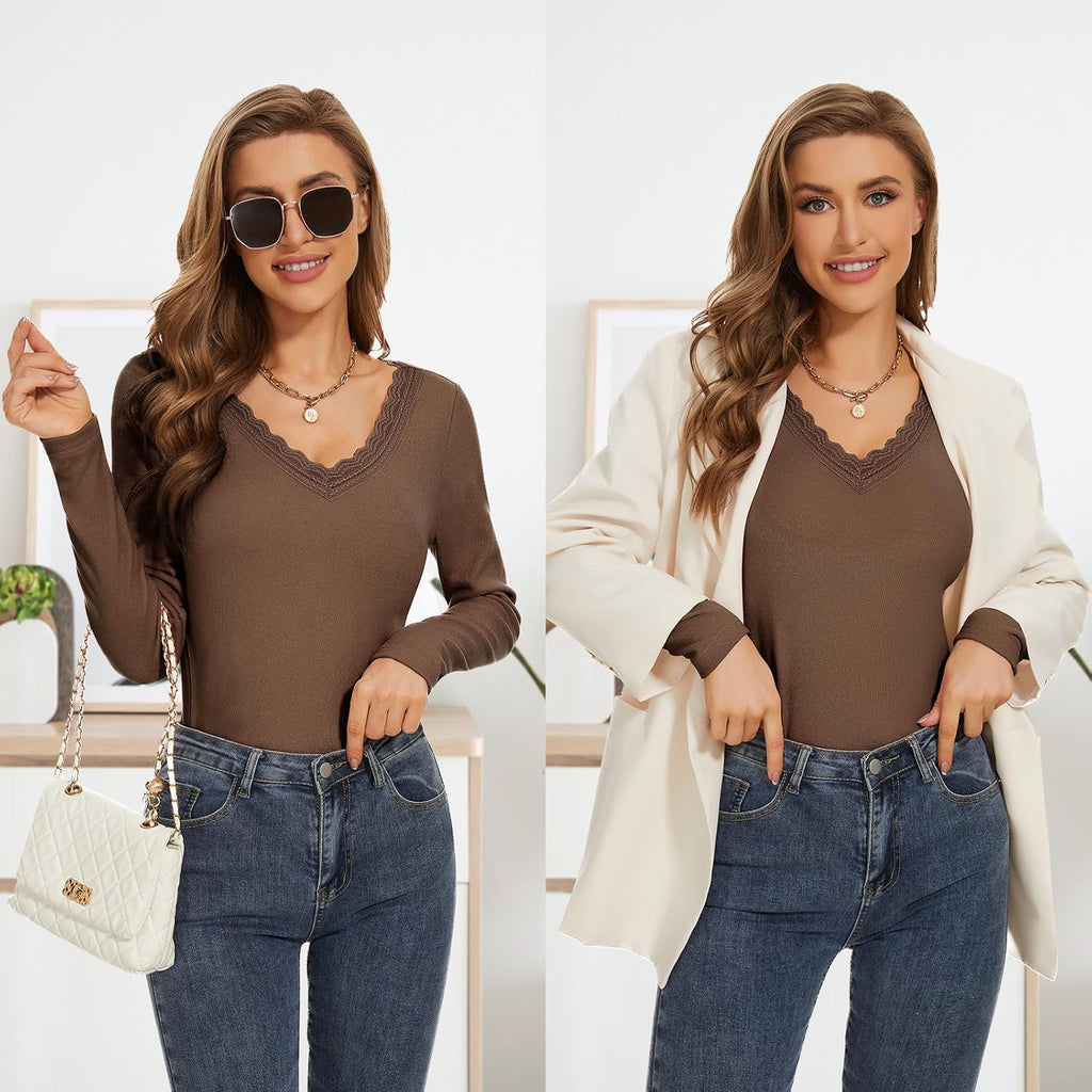 WOWENY Women Thermal Long Sleeve Shirt Fleece Lined Basic Fitted Tops Lace V Neck Undershirts Winter Tight Base Layer