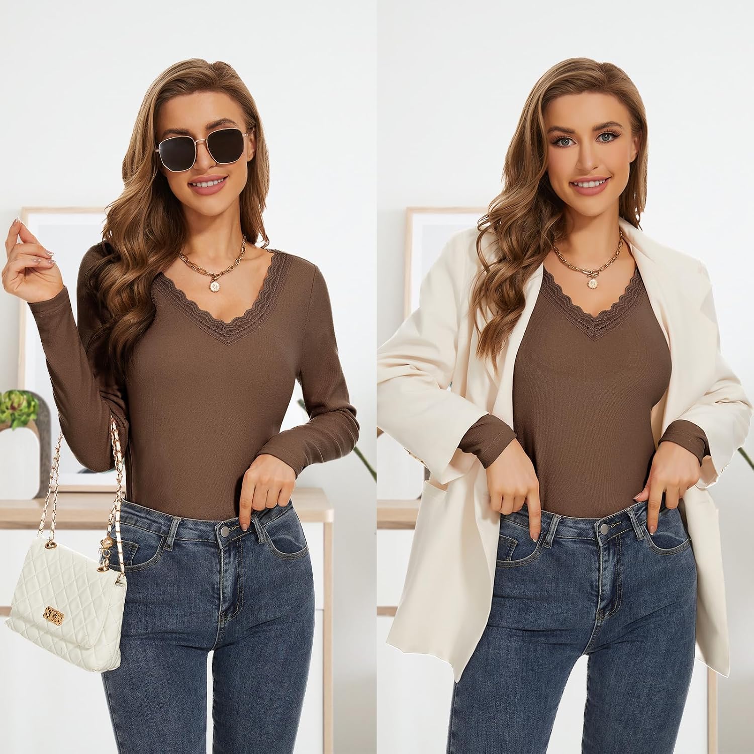 WOWENY Women Thermal Long Sleeve Shirt Fleece Lined Basic Fitted Tops Lace V Neck Undershirts Winter Tight Base Layer