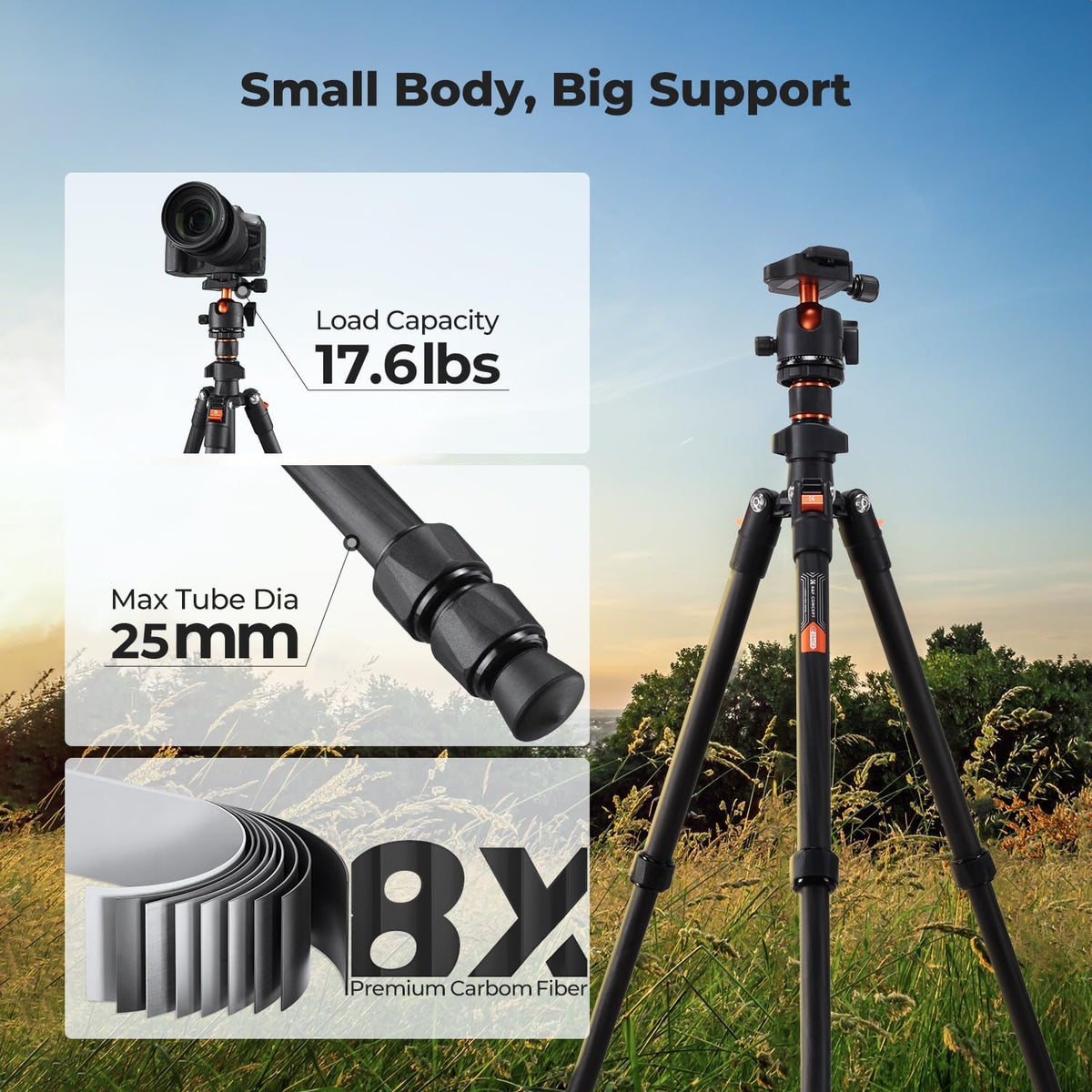 K&F CONCEPT 64" Carbon Fiber Camera Tripod with 1.4" Ball Head