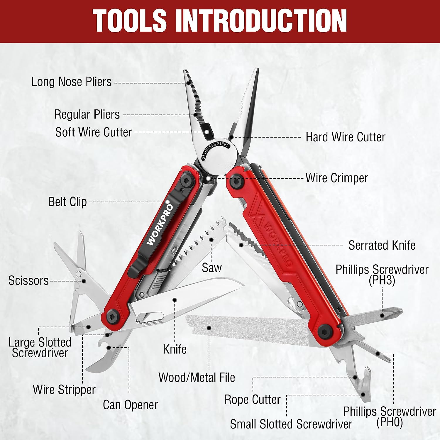 WORKPRO 18-in-1 Multi Tool Pliers Pocket Knife, 2 Safety Locks, EDC, Red | Gifts for Men Dad Women Wife, Stainless Steel Multitool, Belt Clip and Oxford Pouch, Utility Tool for Camping