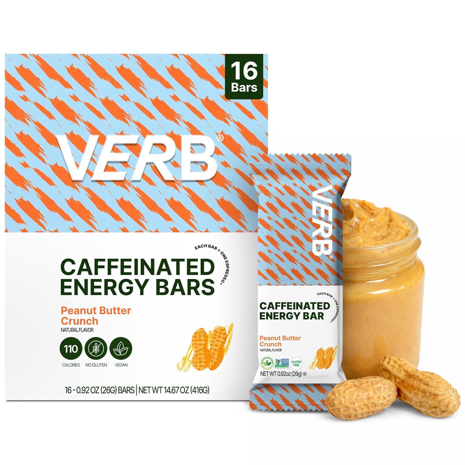 Verb Caffeinated Energy Bars Peanut Butter Cookie (26g, Pack of 16)