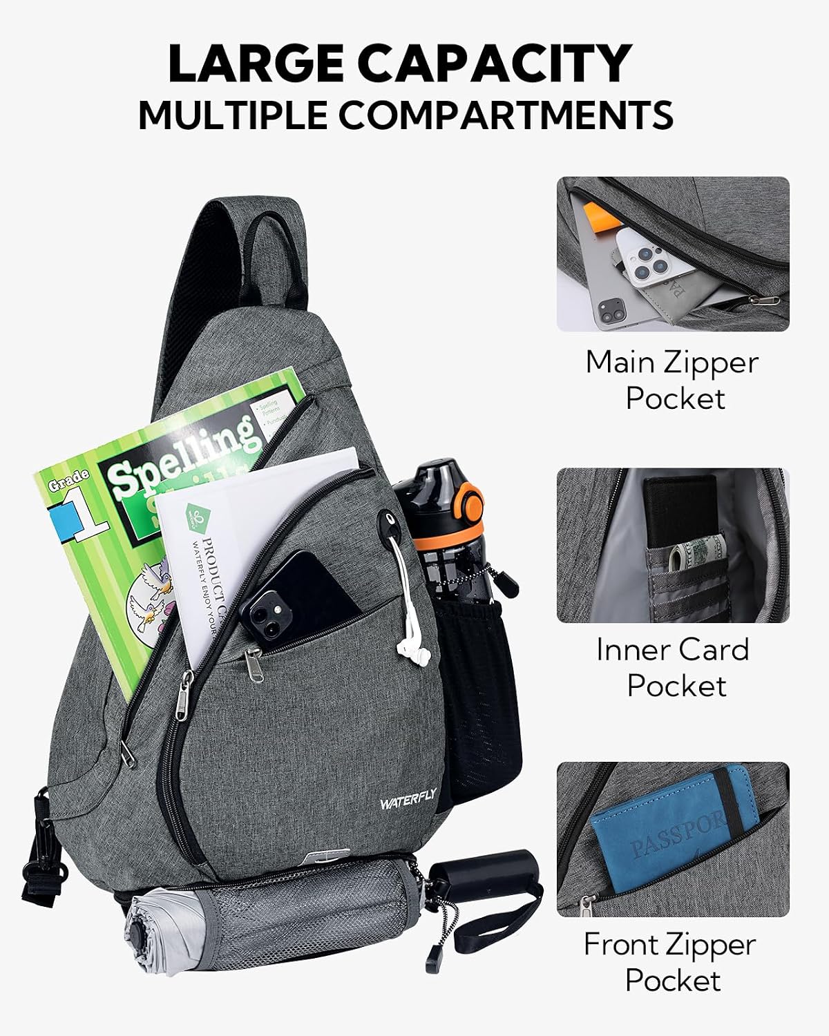 WATERFLY Large Sling Bag Crossbody Backpack Chest Pack for Men Women