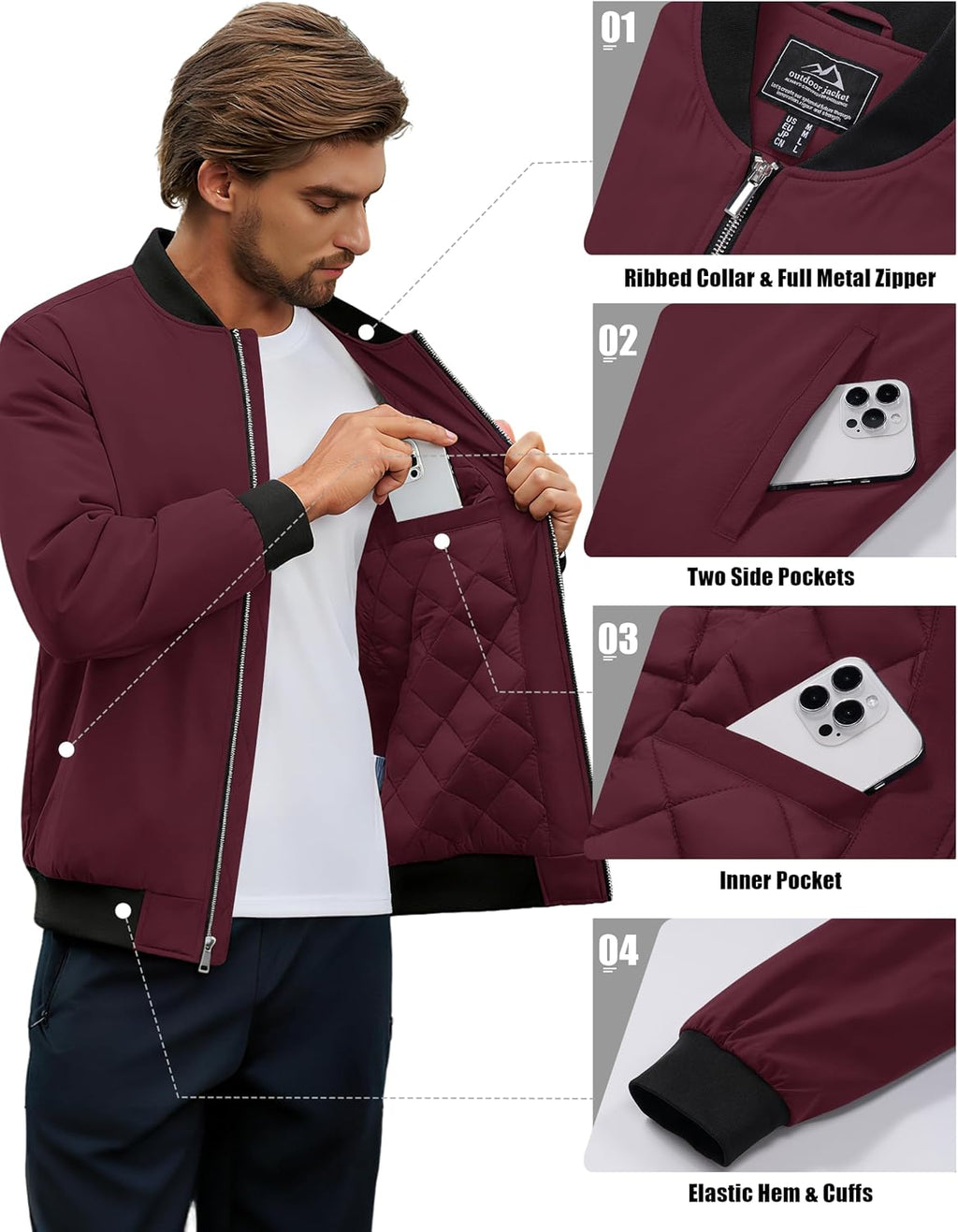 Cotrasen Men's Bomber Jacket Fall Winter Windbreaker Warm Quilted Coats