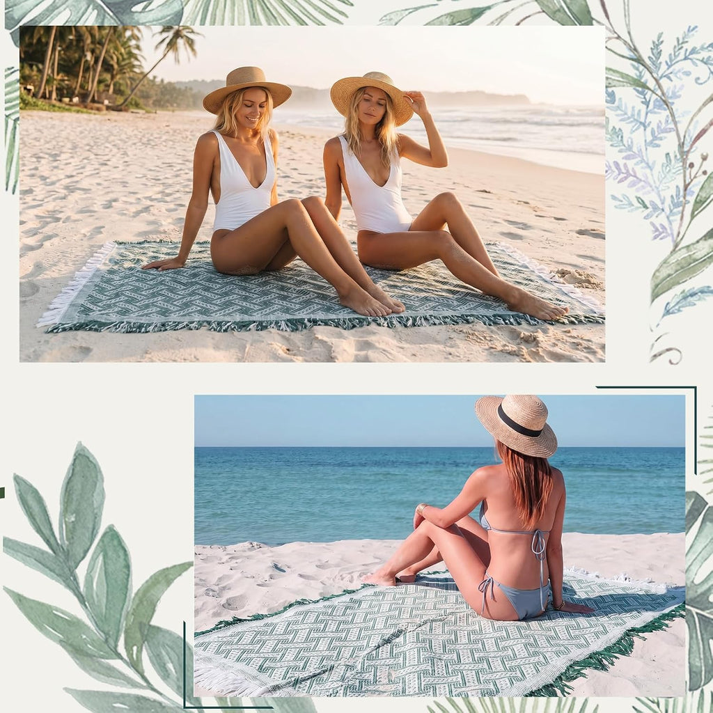 Frienda 6 Pcs Large Boho Outdoor Picnic Blanket 70" x 35" Chic Woven Cotton Yarn Beach Blanket with Fringe Washable Sandproof Portable for Picnic Camping Travel Lawn Bohemian Decor (Trendy,Green)