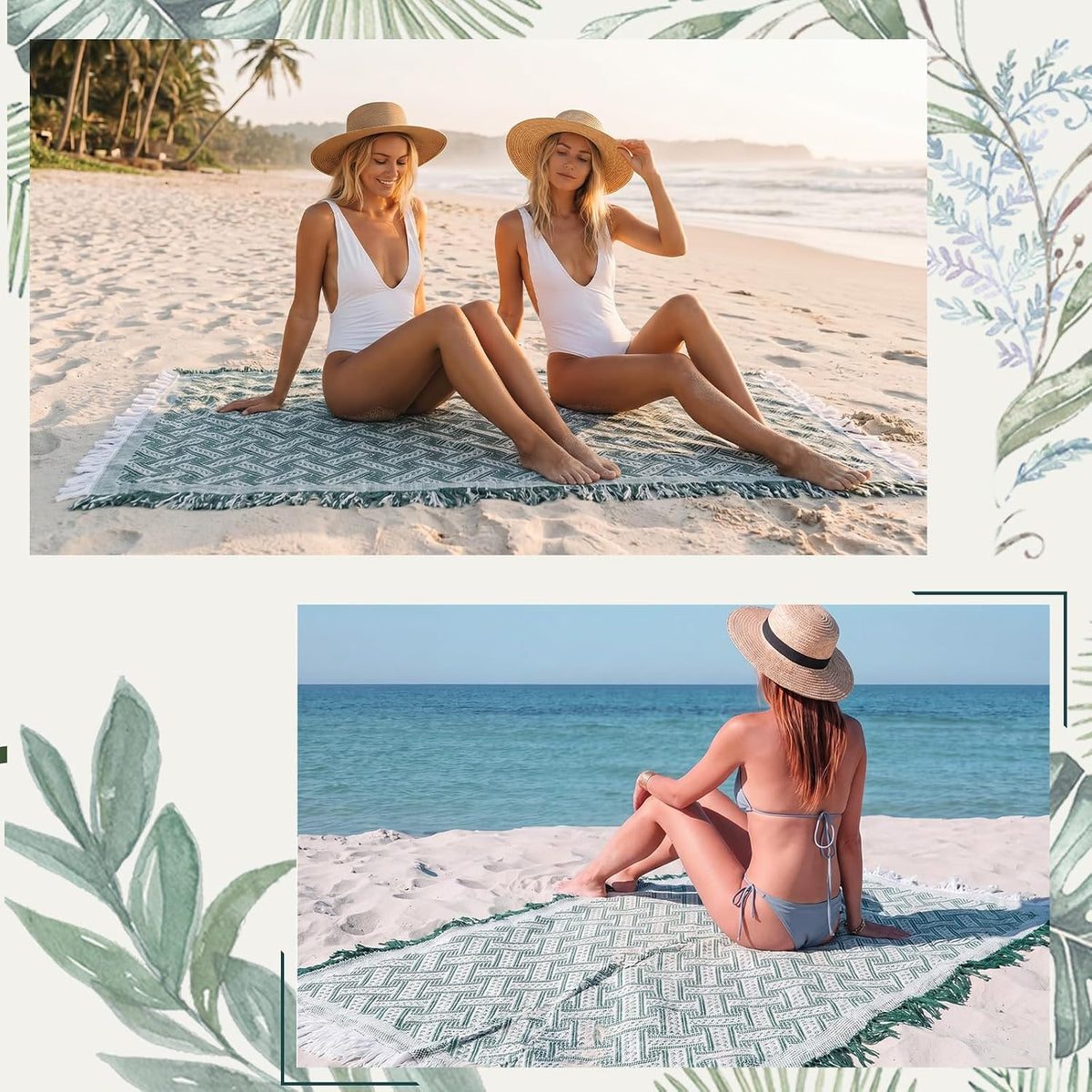 Frienda 6 Pcs Large Boho Outdoor Picnic Blanket 70" x 35" Chic Woven Cotton Yarn Beach Blanket with Fringe Washable Sandproof Portable for Picnic Camping Travel Lawn Bohemian Decor (Trendy,Green)