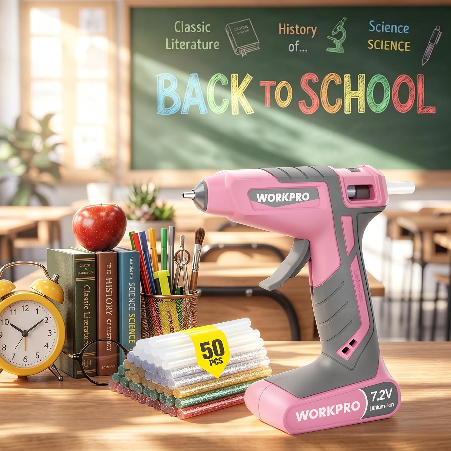 WORKPRO Cordless Hot Glue Gun, 7.2V Dual-Temp Kit, Pink