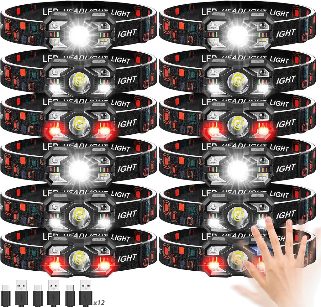 Headlamp Rechargeable 12Pack, 3000 Lumen Ultra-Light Bright Headlamp Flashlight with White Red Light, LED Headlight Motion Sensor, 5+5 Mode for Outdoor Camping Fishing Running Hiking (12)