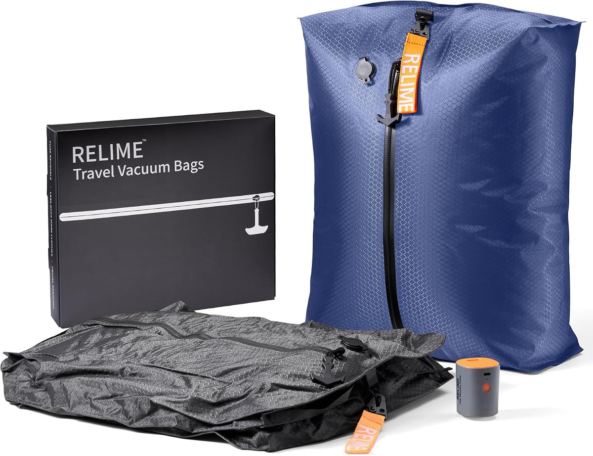 Relime Classic Series Vacuum Bags for Travel Luggage with Wireless Pump, Compression Bags for Carry On Suitcases and Backpack, Vacuum Seal Packing cube for Cloth Packing (2PC + PUMP Gray & Blue)