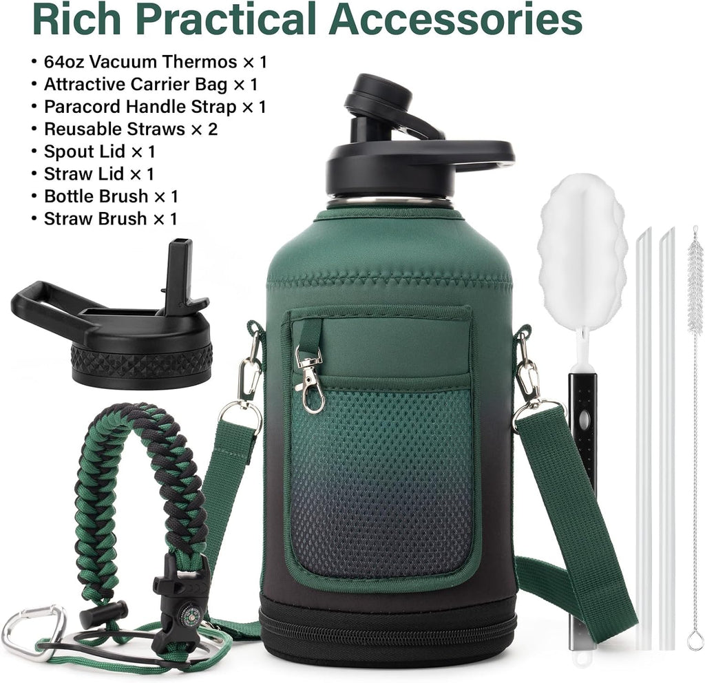 DYSANKY Insulated Water Bottle w/Straw Lid & Portable Carrier Bag, 64oz