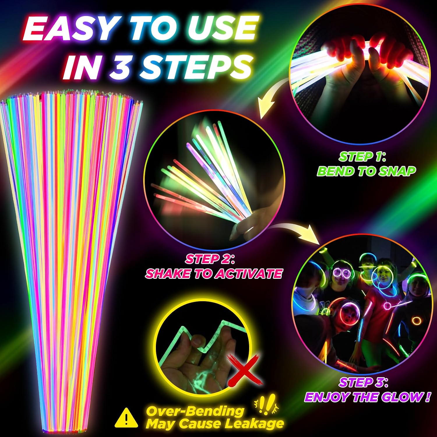 100Pcs Glow Sticks Bulk - 22 inch Glow In the Dark Sticks Party Supplies, Neon Glow Party Pack for Kids with 9 Hours Duration, Glowsticks Party Favor Glow Necklace & Bracelet with 100Pcs Connectors
