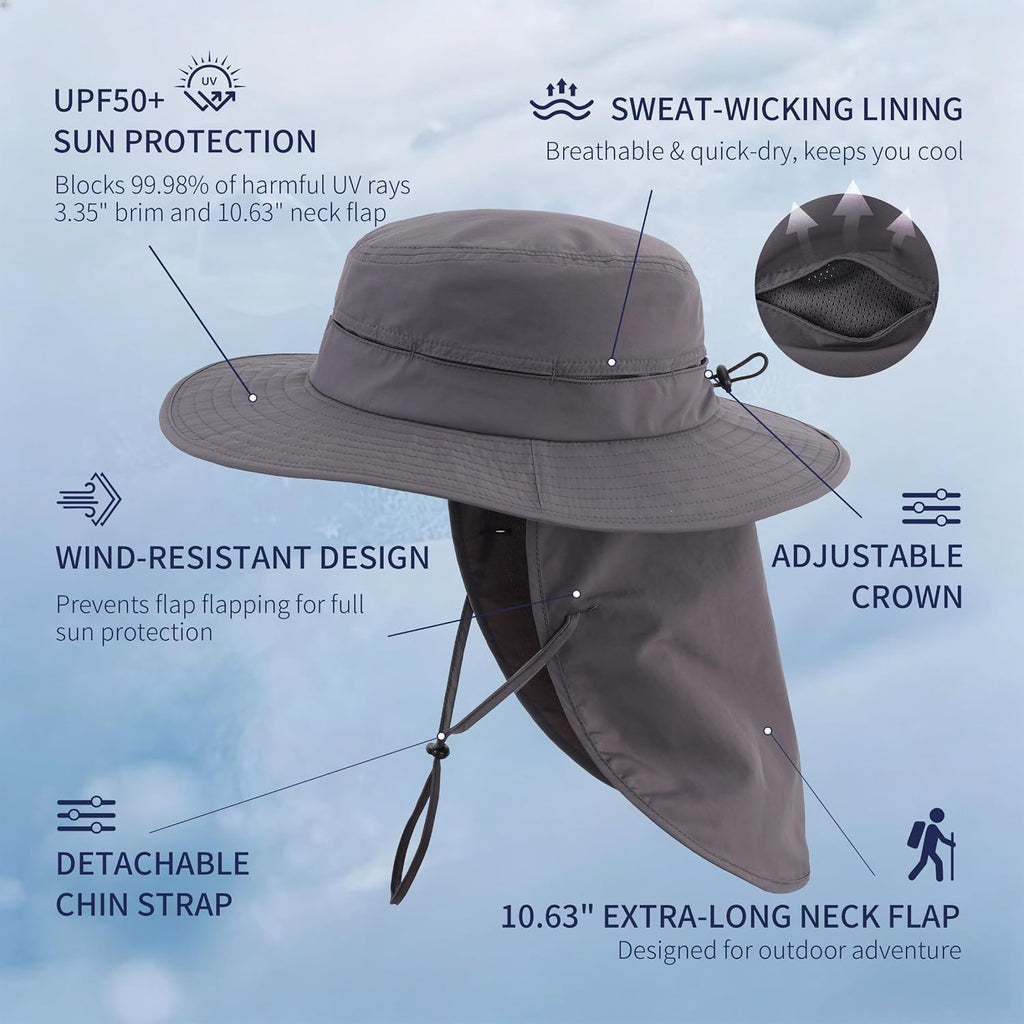 Connectyle Wide Brim Sun Hat for Men Women UPF 50+ Breathable Fishing Hat with Neck Flap Outdoor Hiking Safari Bucket Hats