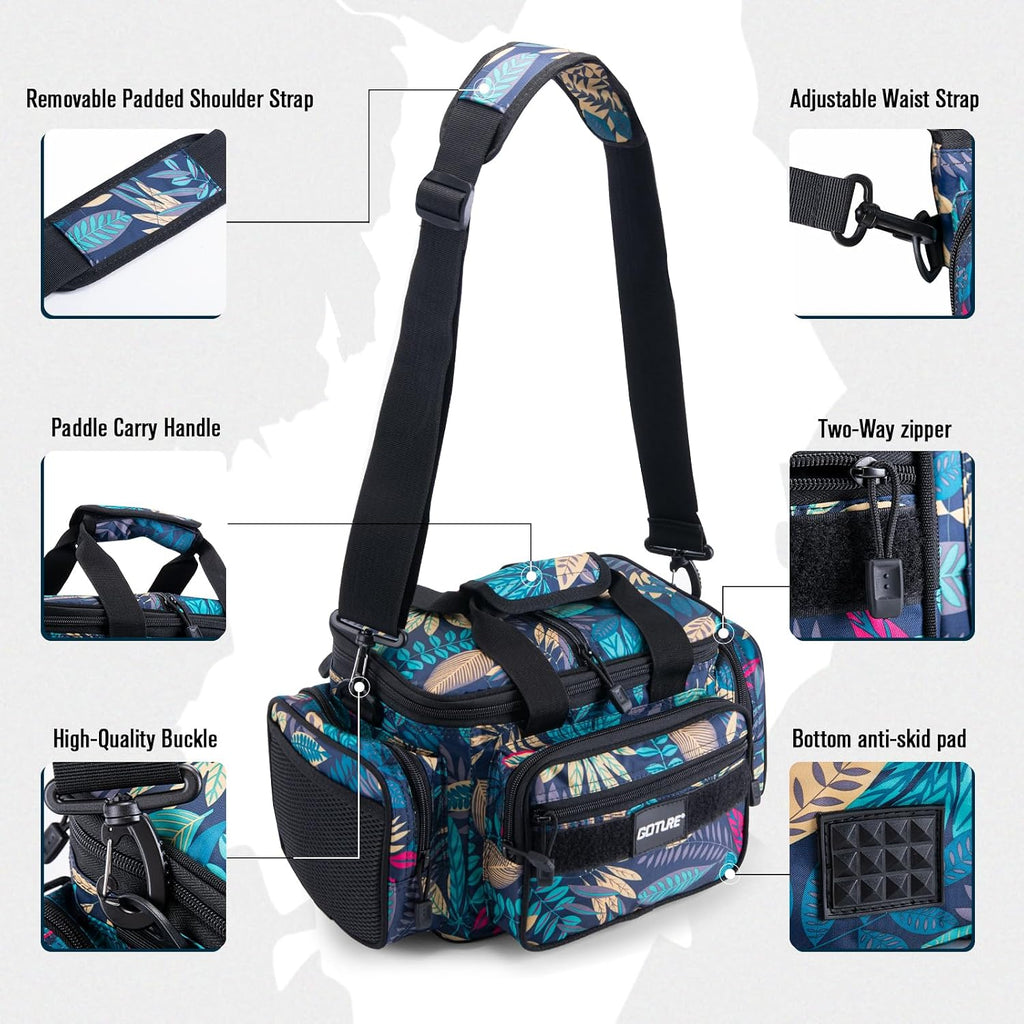 Goture Fishing Tackle Bag, Freshwater Saltwater Fishing Bag, Blue Leaf