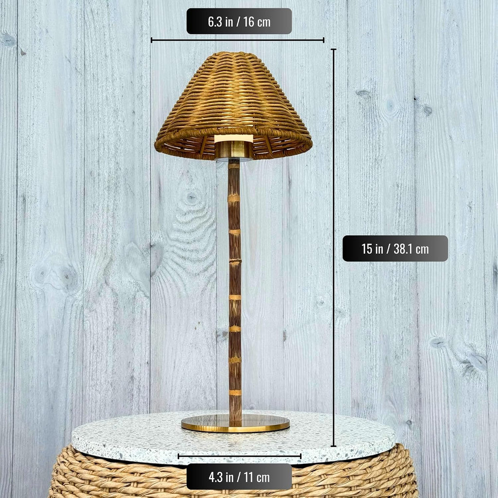 Bamboo Cordless LED Table Lamp – Rechargeable 24-Hour Battery, Dimmable Warm Light, Portable Wireless Lamp with Remote for Indoor/Outdoor Use, Home, Patio, Restaurant – (NATURAL RATTAN), 14.95" Tall