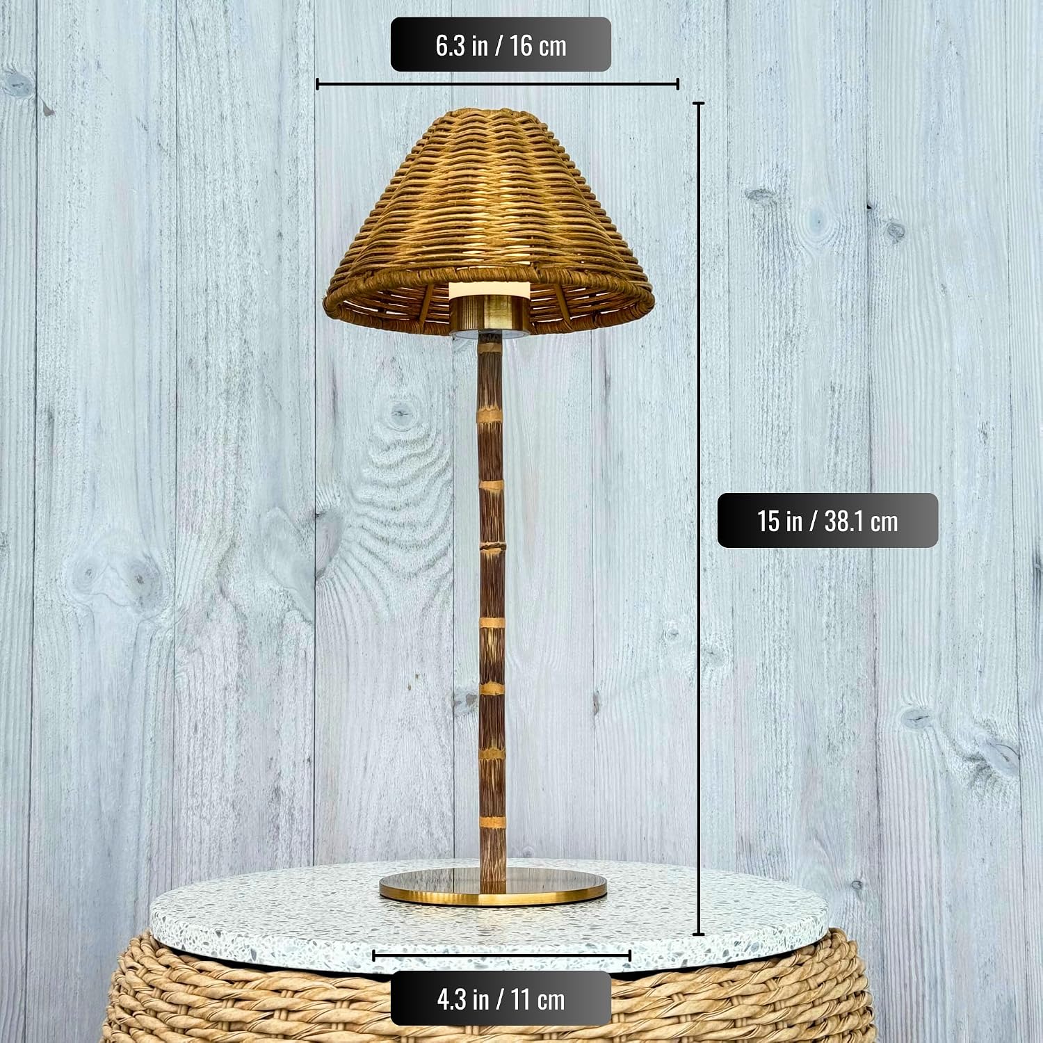 Bamboo Cordless LED Table Lamp – Rechargeable 24-Hour Battery, Dimmable Warm Light, Portable Wireless Lamp with Remote for Indoor/Outdoor Use, Home, Patio, Restaurant – (NATURAL RATTAN), 14.95" Tall
