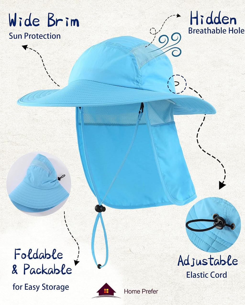 Home Prefer UPF 50+ Sun Hat with Neck Flap Wide Brim Fishing Hat for Men