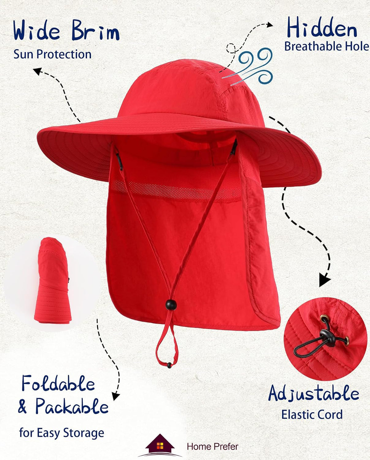Home Prefer UPF 50+ Sun Hat with Neck Flap Wide Brim Fishing Hat for Men