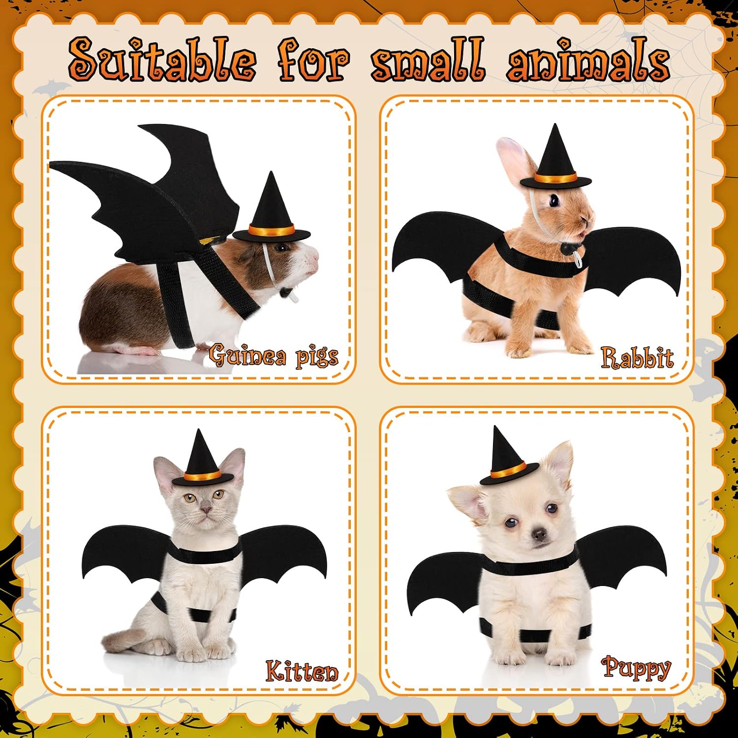 Halloween 2 Sets Pet Costume Bat Wings Harness Leash Bat Wing Witch Hats Pulling Rope for Small Animals Guinea Pig Rabbits Puppies and Small Cats
