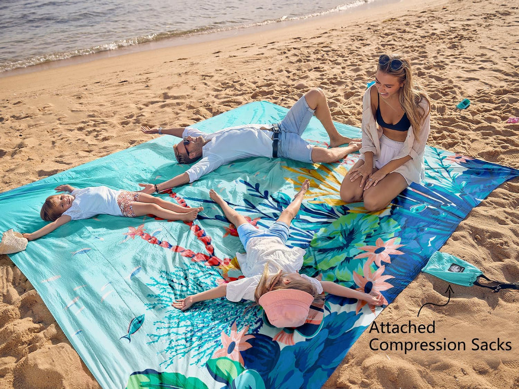 WEKAPO Beach Blanket Waterproof Sandproof Oversized, Extra Large Beach Mat Sand Free, Lightweight & Compact Sand Free Mat with 5 Stakes & 4 Corner Pockets
