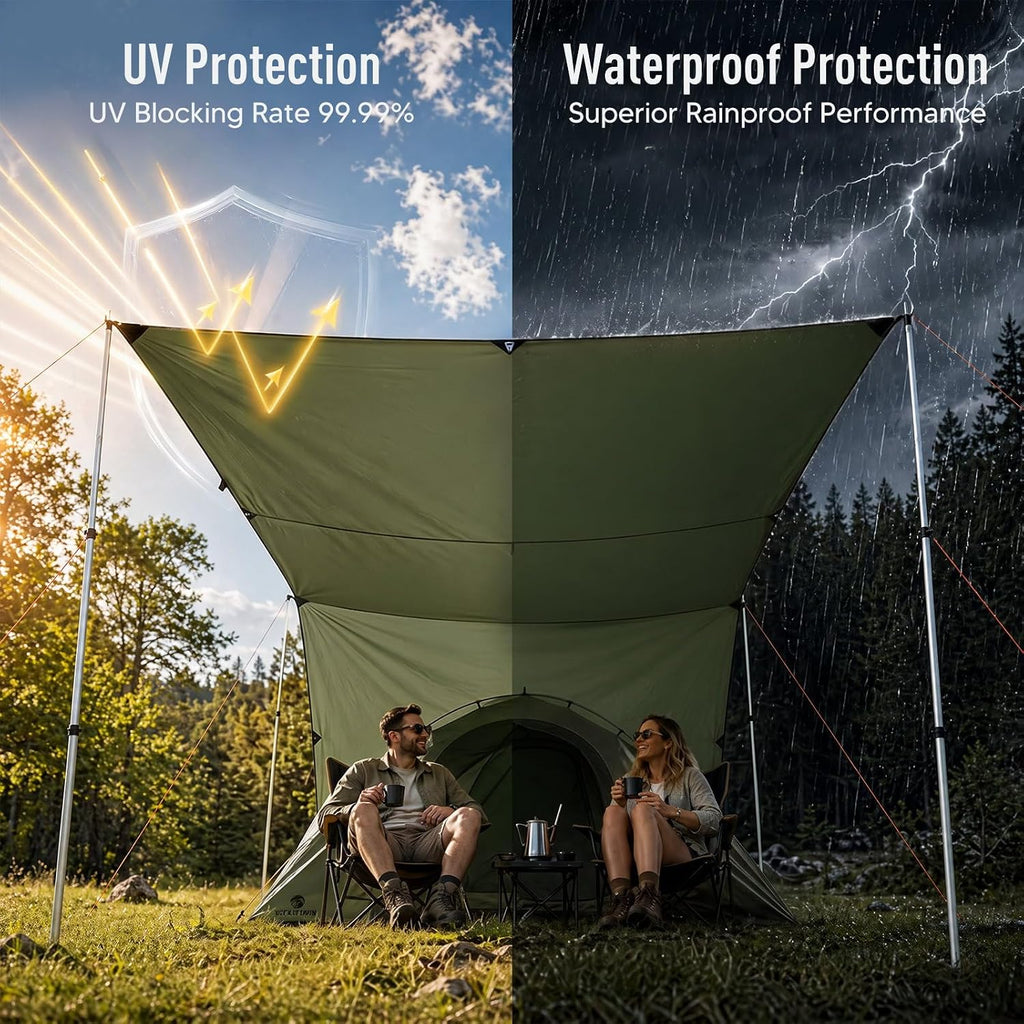 17x10 FT Large Camping Tarp Waterproof, Lightweight PU6000mm Rain Fly, UPF 100+ Sun Protection Camping Canopy & Tent Cover for Outdoor Camping, Picnic, Backpacking & Hammock (Note: Poles Not Included)