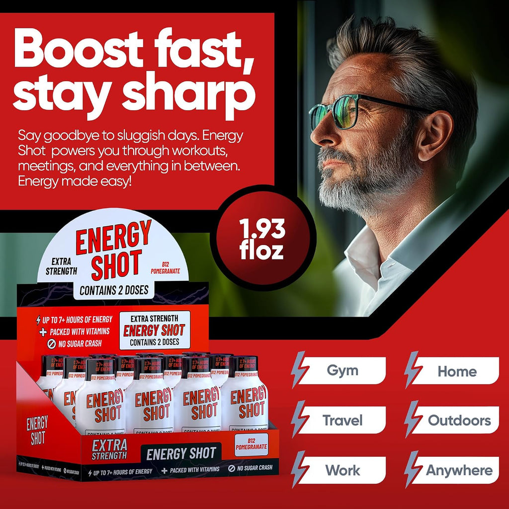 B12 Pomegranate Extra Strength Energy Shot 48 PK – 260mg Natural Caffeine B12 B6 – Energy & Vitality Support – 2 Servings Sugar Free Zero Calorie Green Tea B-Vitamins Electrolytes Vegan – 1.93 fl oz