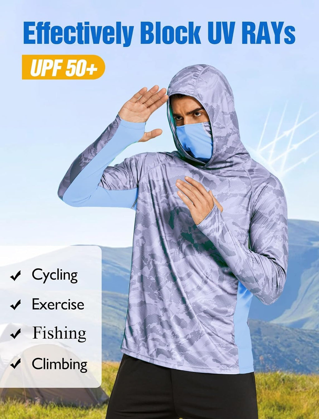 COOrun Men's Hooded Sun Shirts with Mask Fishing Shirts for Men Long Sleeve UPF 50 Rash Guards Cooling Hoodies Hiking Shirts
