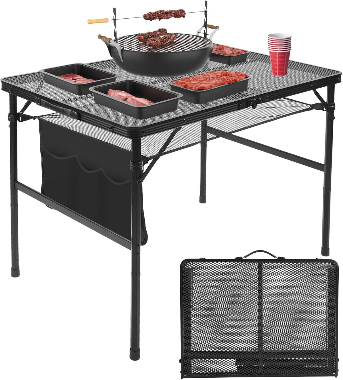 Folding Matel Grill 4.4 FT Camping Table with 2 Wing Panels