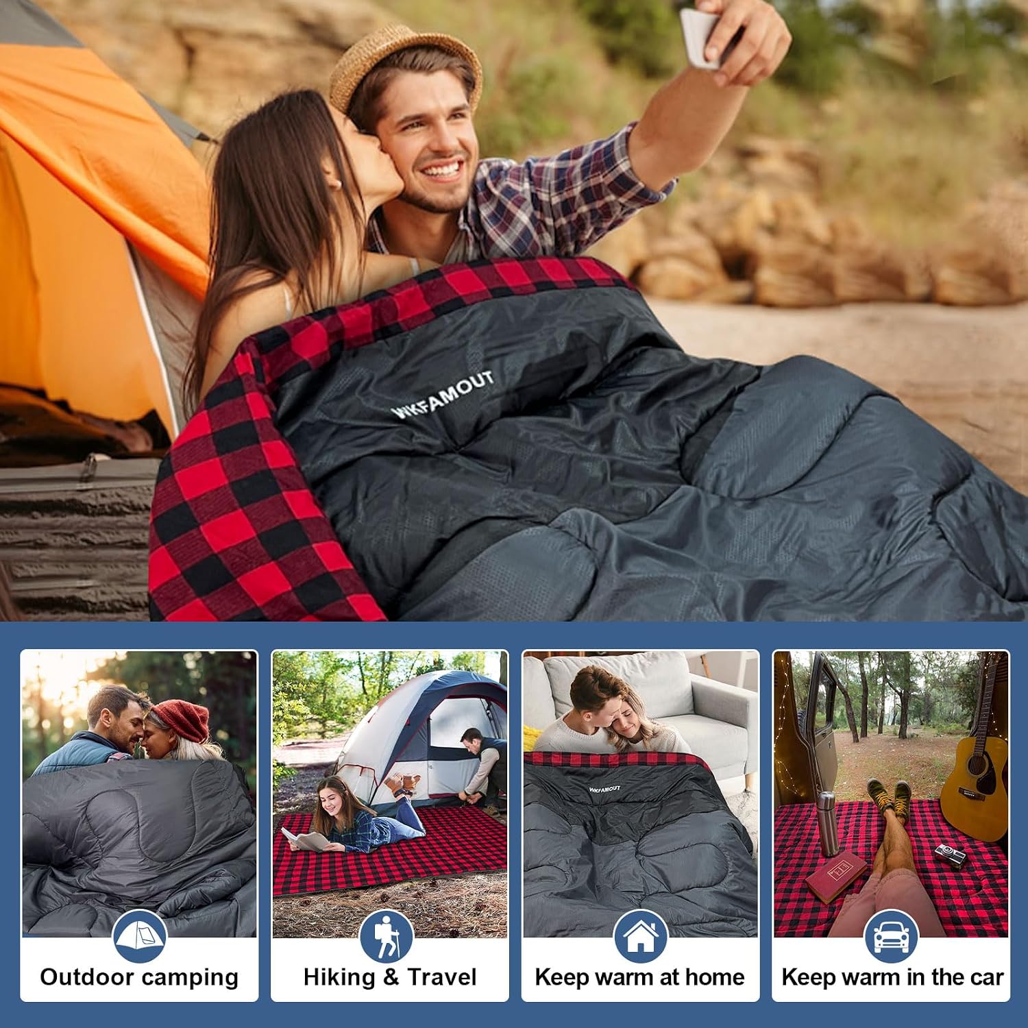 Double Sleeping Bag for Adults Machine Washable 2 Person Camping Sleeping Bag Queen Size Waterproof with Compression Sack for Cold Weather 3-4 Seasons