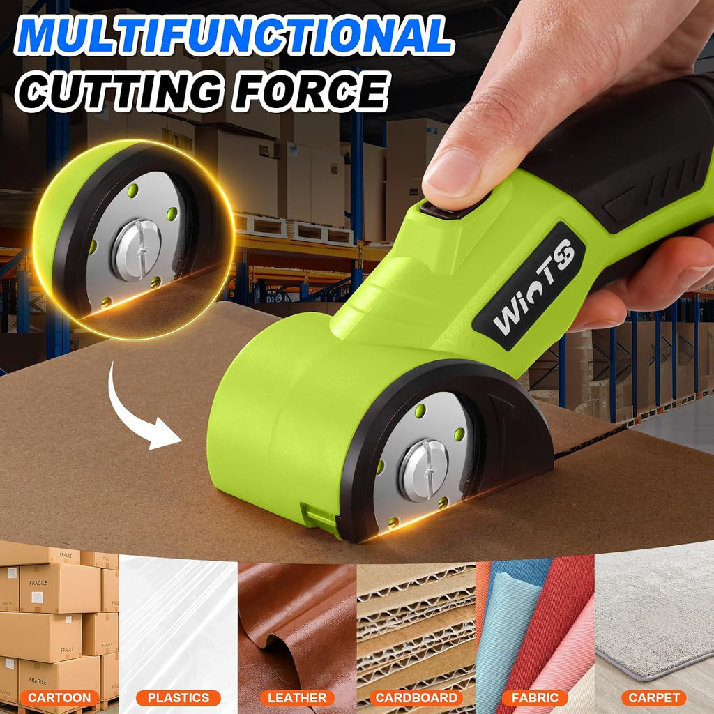 WINTS Cordless Electric Scissors,High-Capacity 2000mah Battery 4V Cardboard Cutter with Safety Lock & LED Light, Rechargeable Rotary Cutter for Box Carpet Plastic Fabric With 2 Blades (Green)