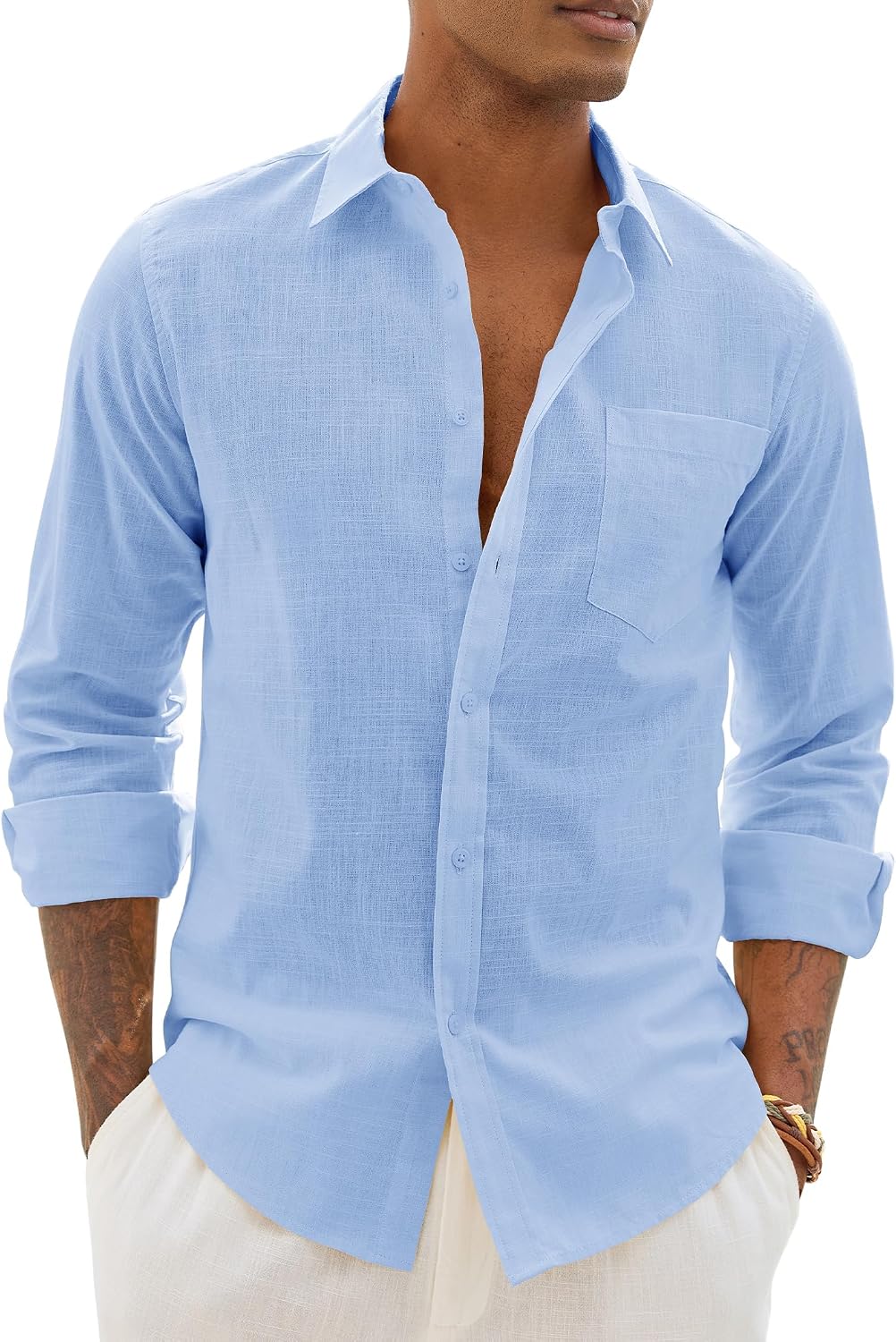 Alimens & Gentle Mens Linen Textured Shirt Long Sleeve Summer Beach Tops