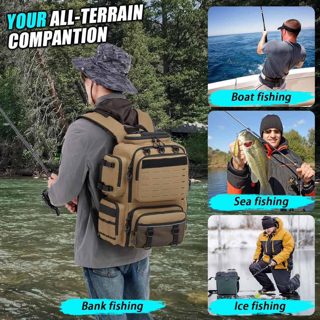 Tactical Fishing Backpack with 4 Tackle Boxes, Rod Holders & Bottle Holder