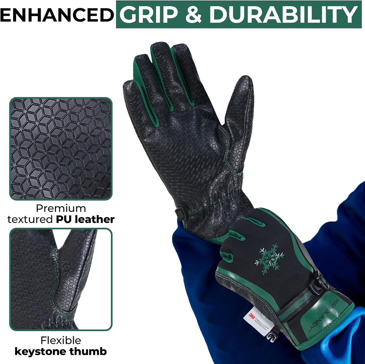 HANDLANDY Winter Work Gloves for Men Women, 3M Thinsulate Insulated Thermal Waterproof Skiing Hiking Cold Weather Gloves