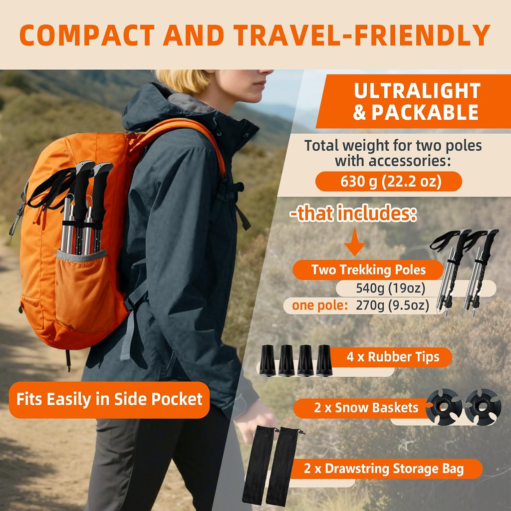 Collapsible Trekking Poles for Hiking - Lightweight Foldable Hiking Poles