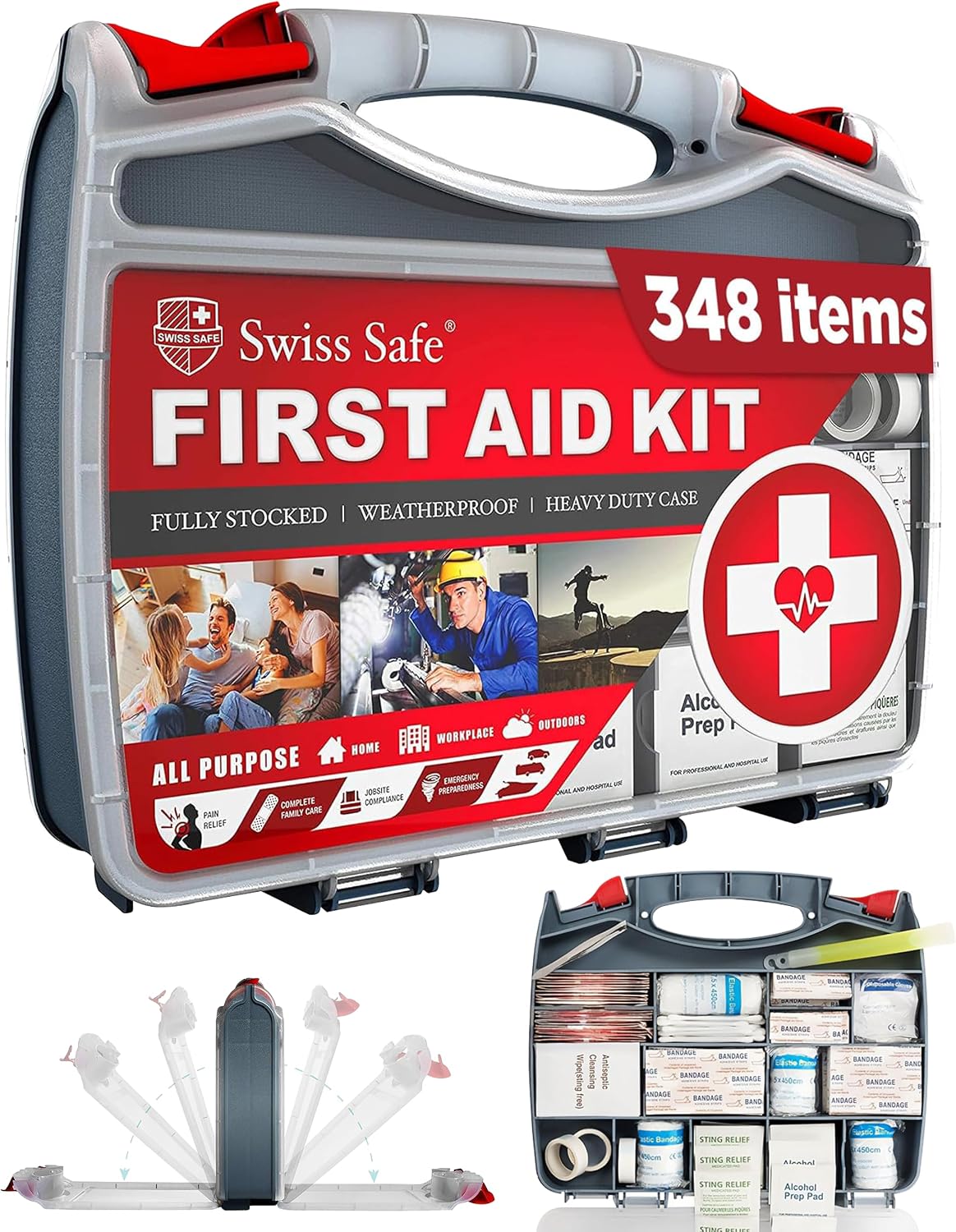 Swiss Safe 2-in-1 348 Pcs Large First Aid Kit for Camping, Travel & Car