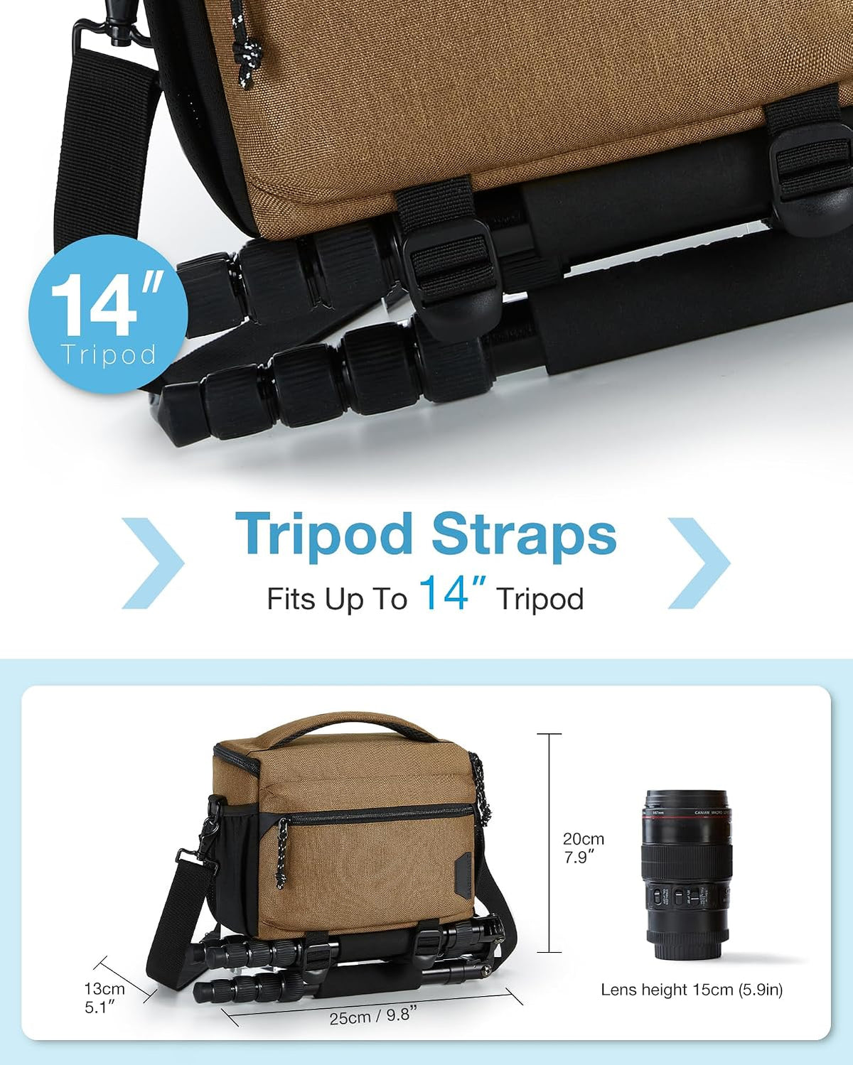 BAGSMART Camera Sling Bag with Tripod Holder & Rain Cover, Khaki