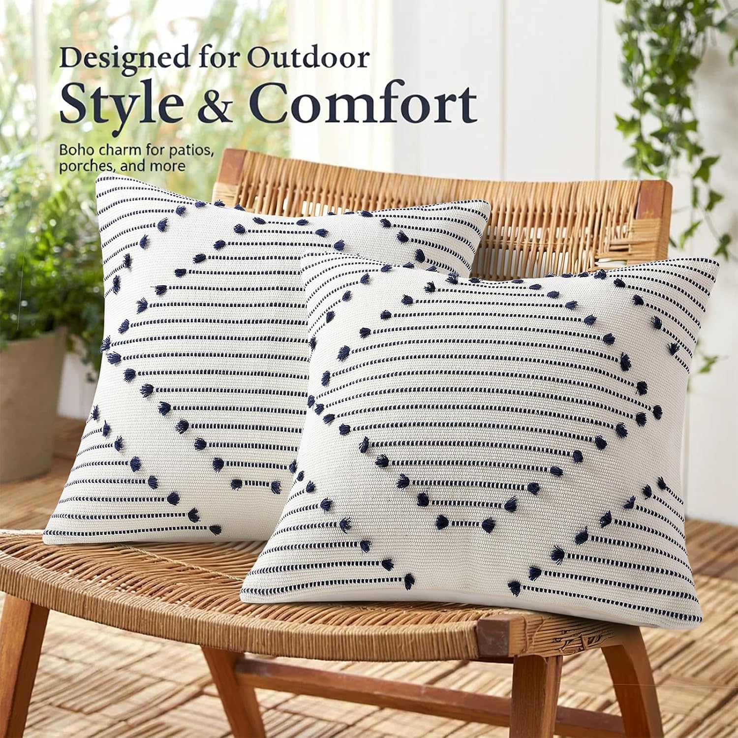 Mecatny Boho Outdoor Throw Pillow Covers 12x20 Set of 2 Navy & Cream White