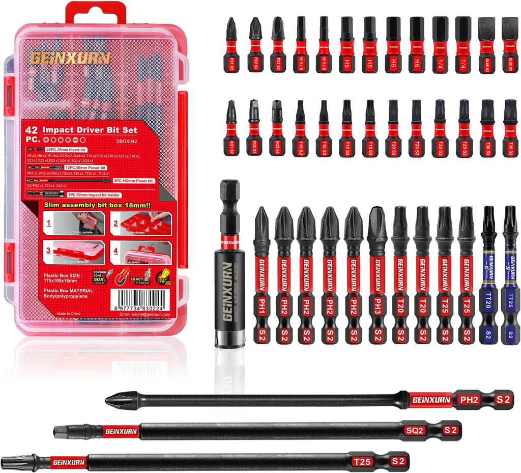 Geinxurn 42pieces Screwdriver Bits Set, Impact Magnetic S2 Steel Multi Insert Power Bits Tips with Impact Bit Holder with Storage Box（PH/TORX/SQ/PZ/HEX/SL）