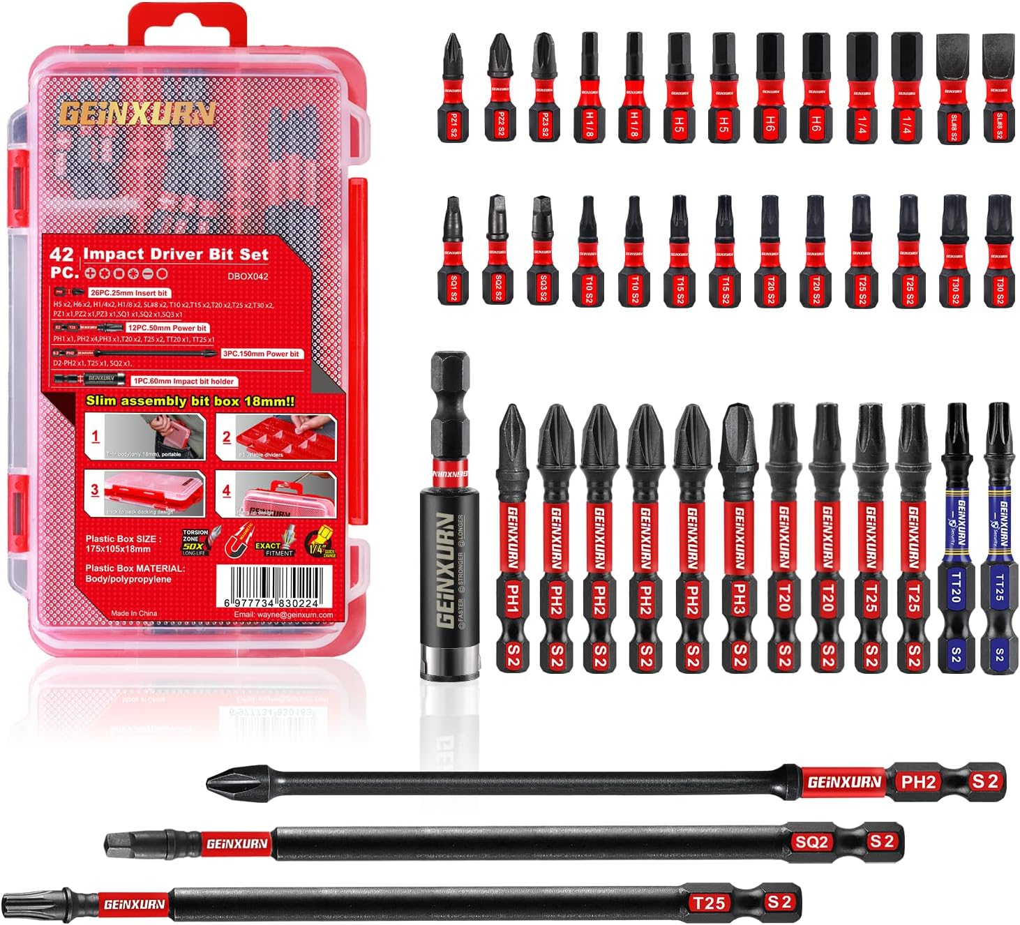 Geinxurn 42pieces Screwdriver Bits Set, Impact Magnetic S2 Steel Multi Insert Power Bits Tips with Impact Bit Holder with Storage Box（PH/TORX/SQ/PZ/HEX/SL）